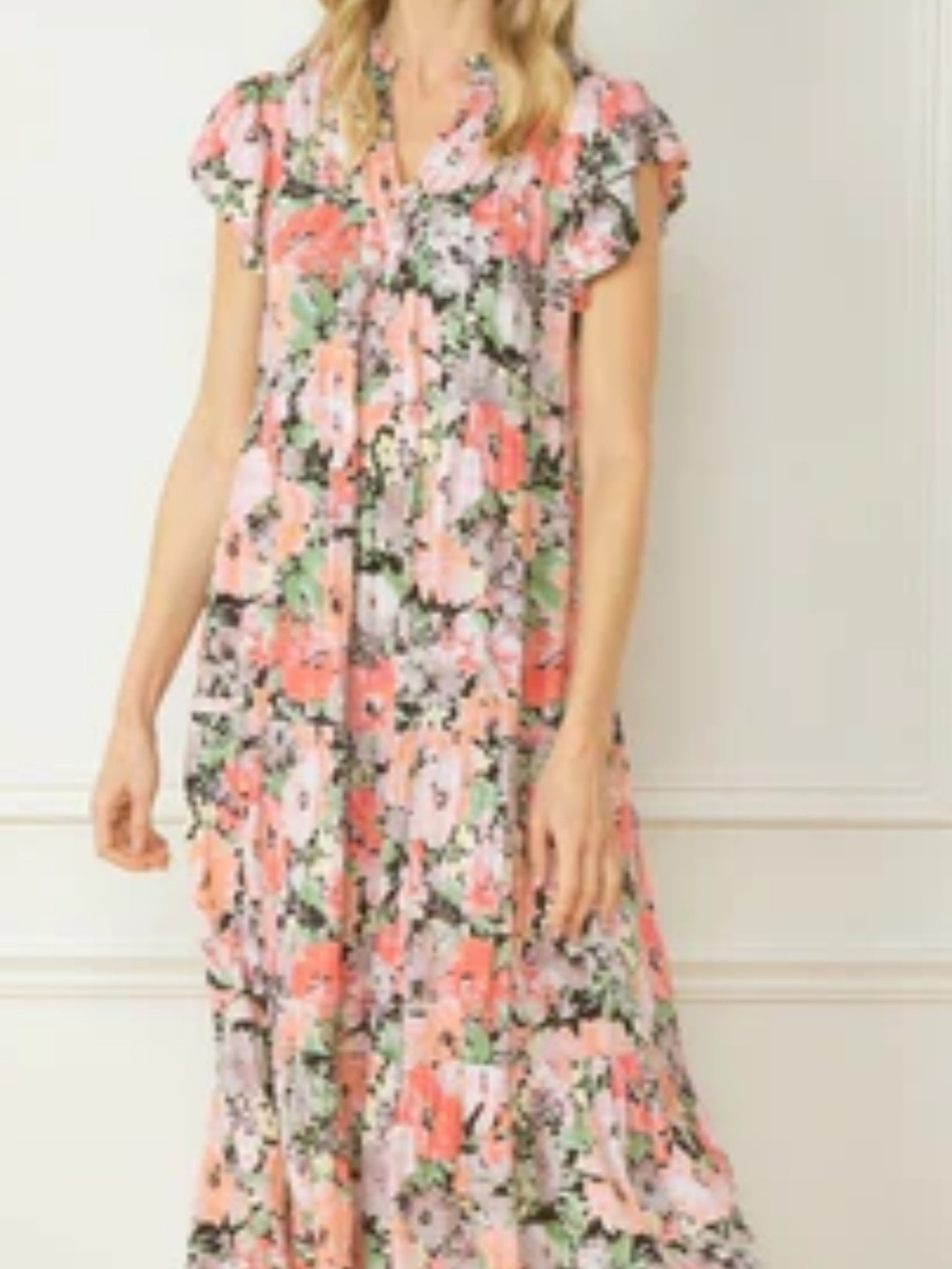 entro Coral & Pink Floral Maxi Dress with Green Accents